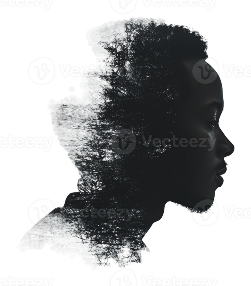 Profile silhouette blending with natural landscape png