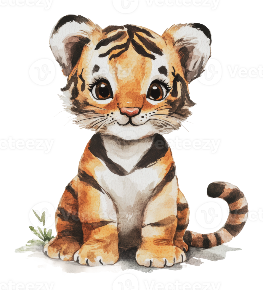 Cute baby tiger illustration sitting in grass png
