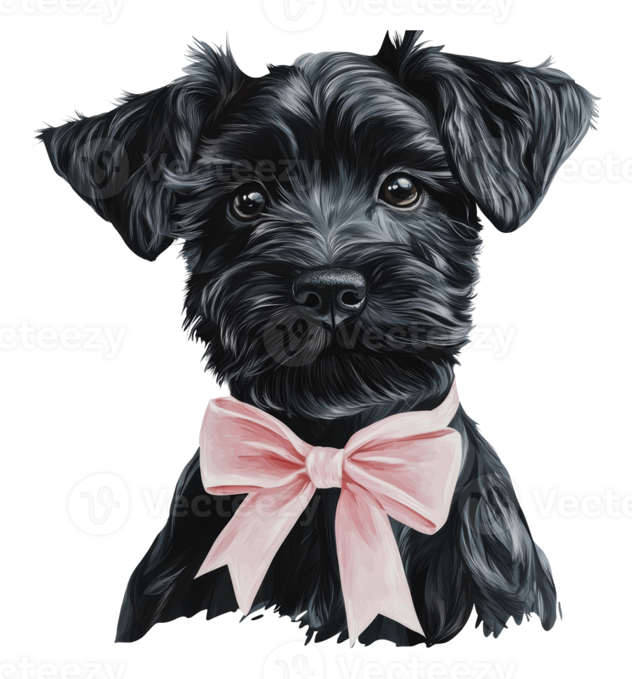 Cute black dog wearing a pink bow tie png