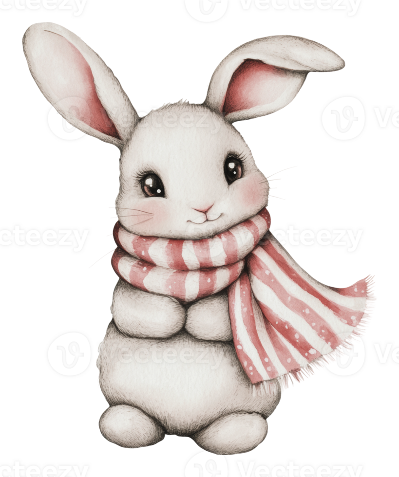 Cute rabbit wearing a pink scarf in winter setting png