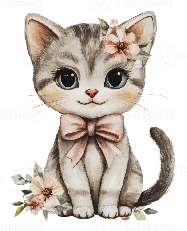 Cute grey kitten with a bow and flowers in spring png