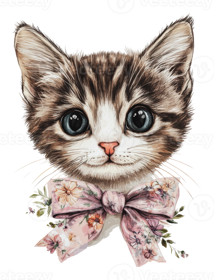 Cute kitten with a floral bow illustration png