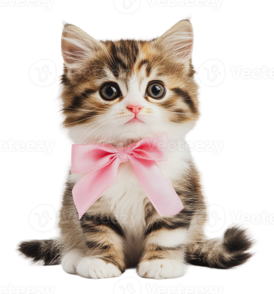 Cute kitten with a pink bow sitting calmly indoors png
