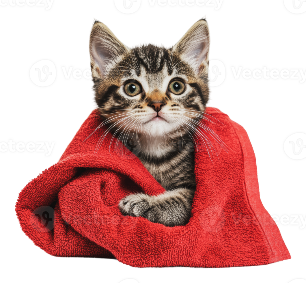 Adorable kitten wrapped in a bright red towel png