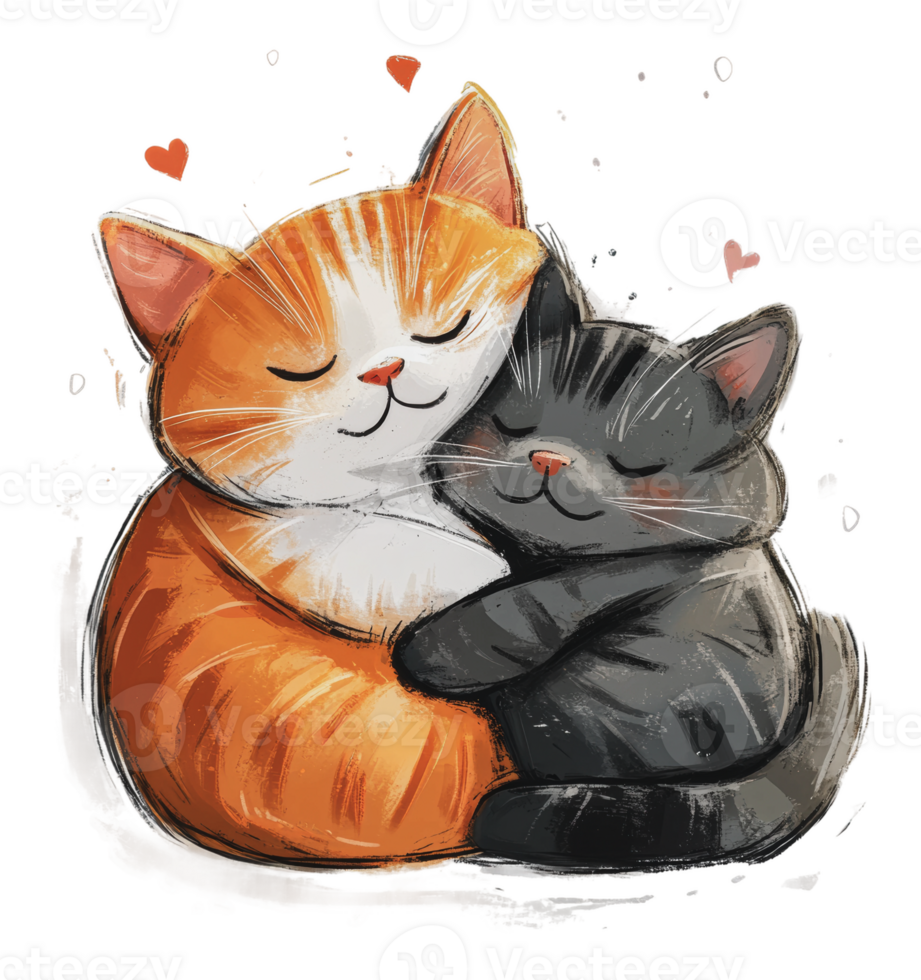 Two affectionate cats cuddling together happily png