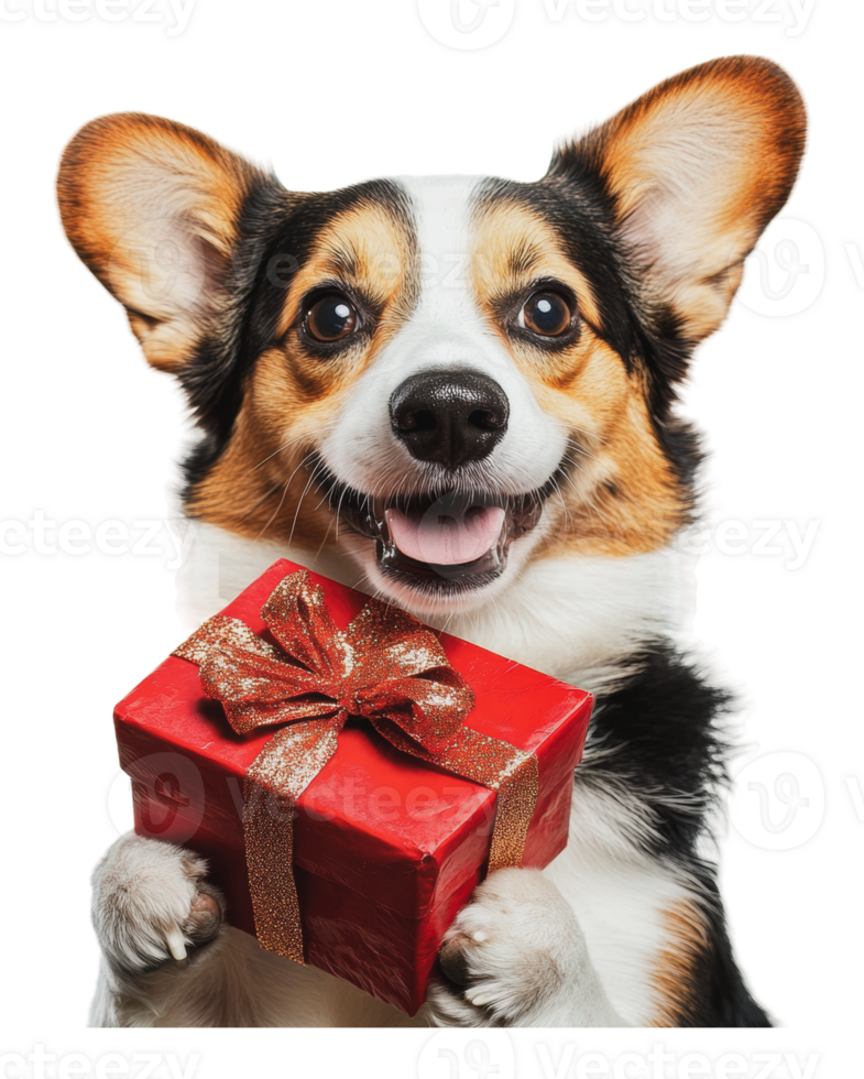 Happy corgi holding a gift box during the holidays png