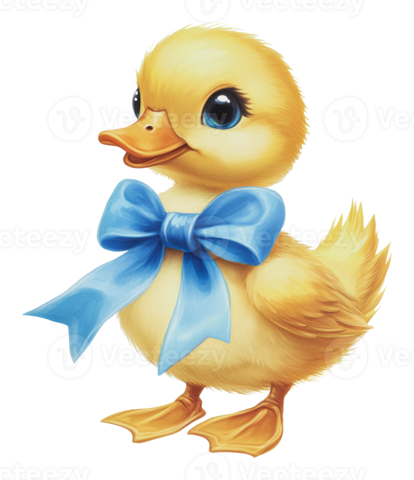 Cute yellow duckling wearing a blue bow tie png