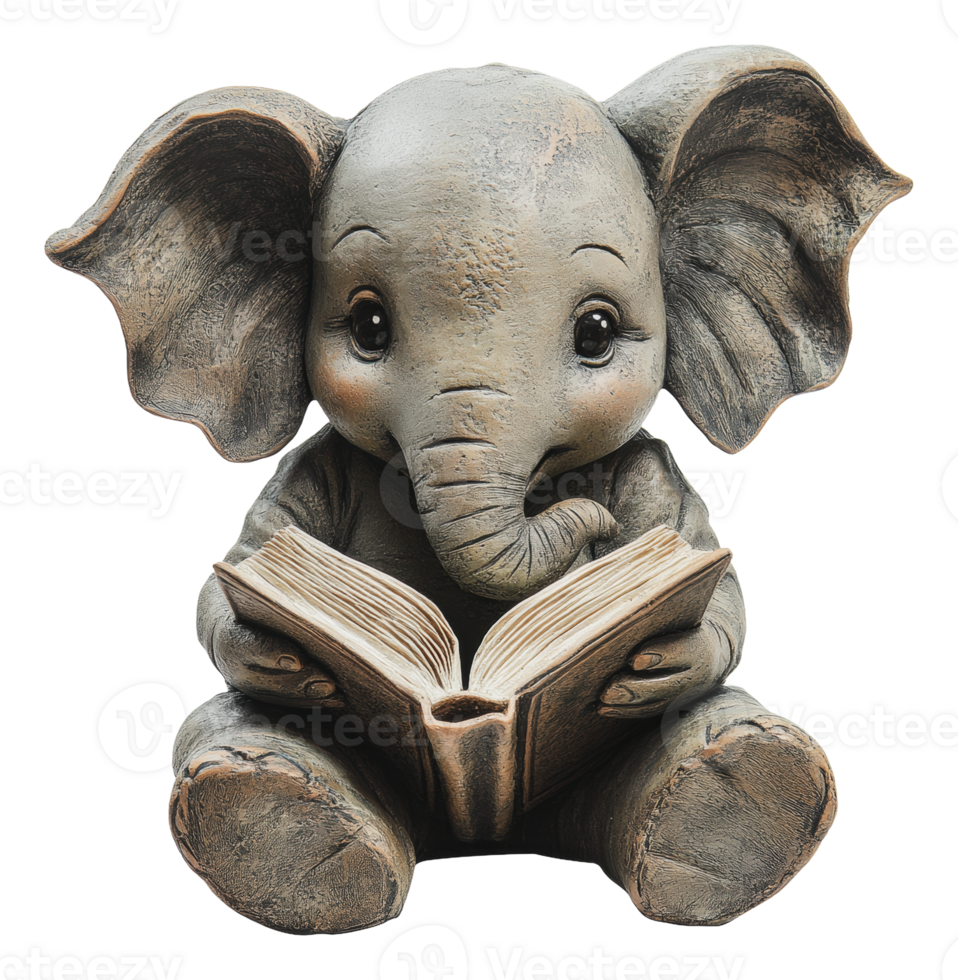 Adorable elephant statue reading a book indoors png