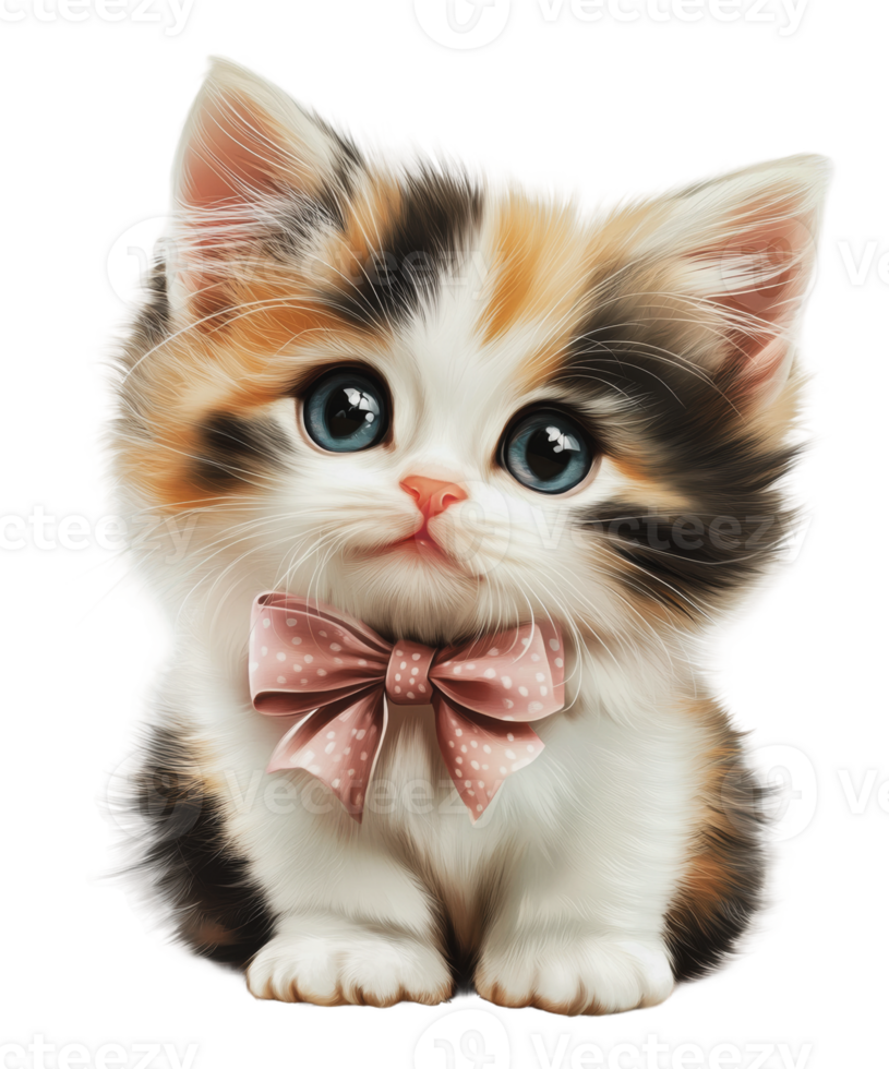 Cute calico kitten with pink bow png
