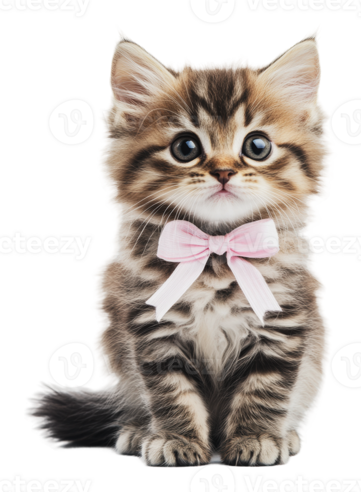 Adorable fluffy kitten with a pink bowtie posing png