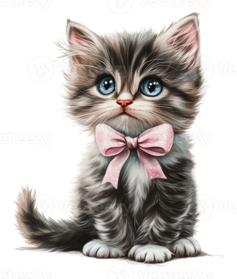 Cute fluffy kitten with a pink bow sitting still png