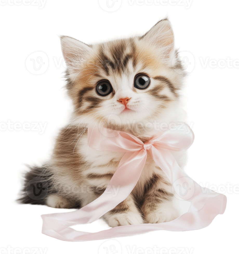 Playful kitten with a pink ribbon on its neck png