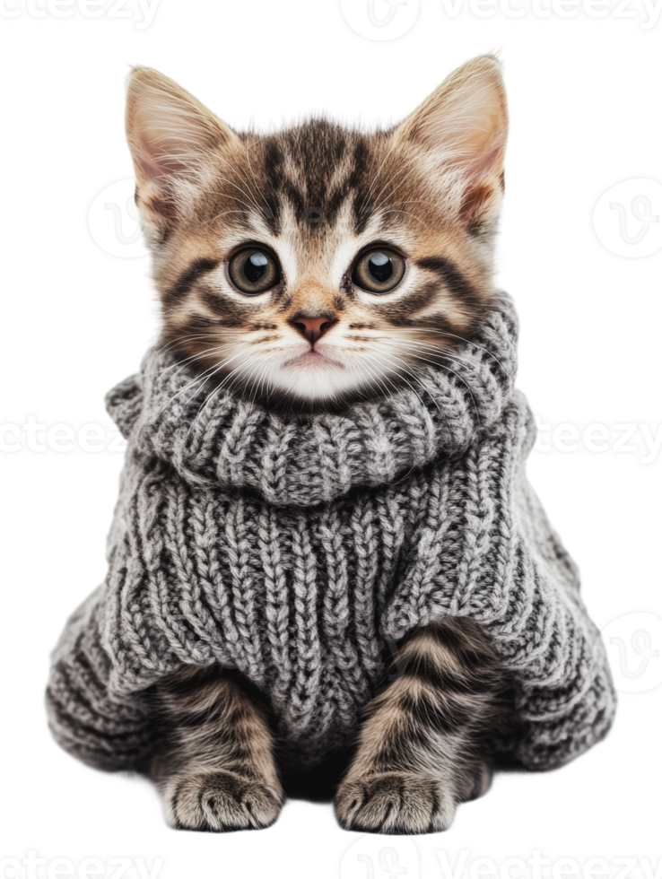 Cute kitten wearing a cozy gray sweater indoors png