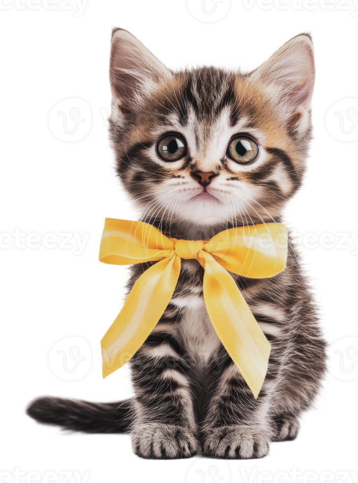 Cute kitten wearing a yellow bow tie indoors png