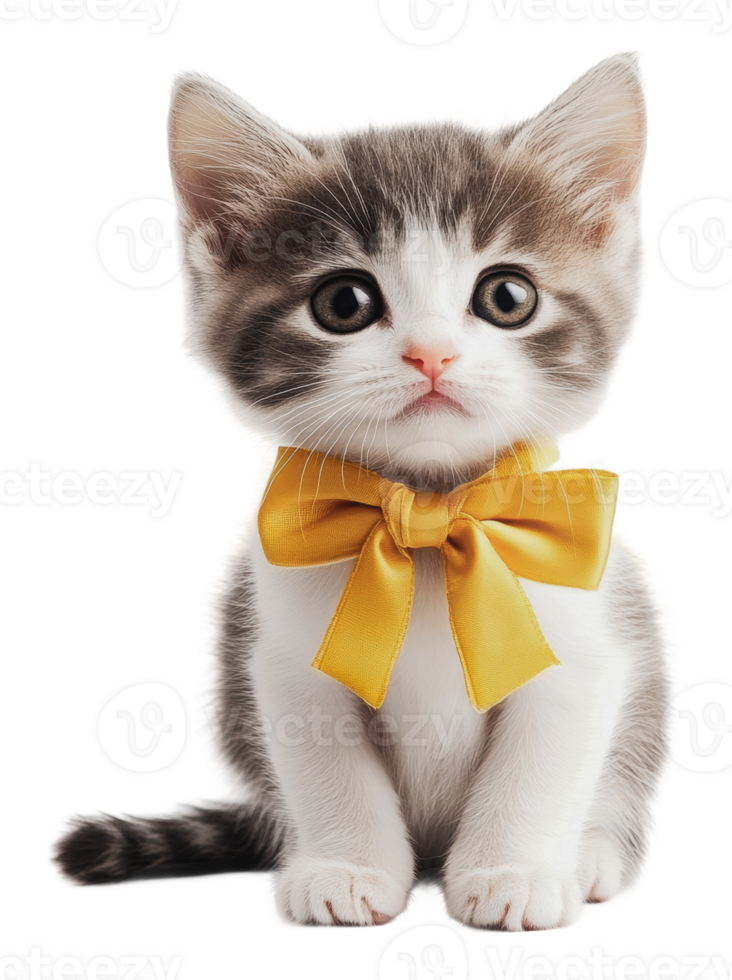 Adorable kitten with yellow bow sitting gracefully png