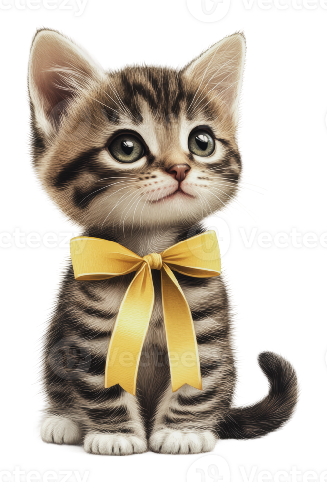 Cute striped kitten wearing a yellow bow tie png