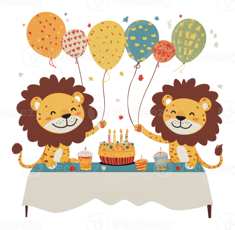 Lions celebrate a birthday with cake and balloons png