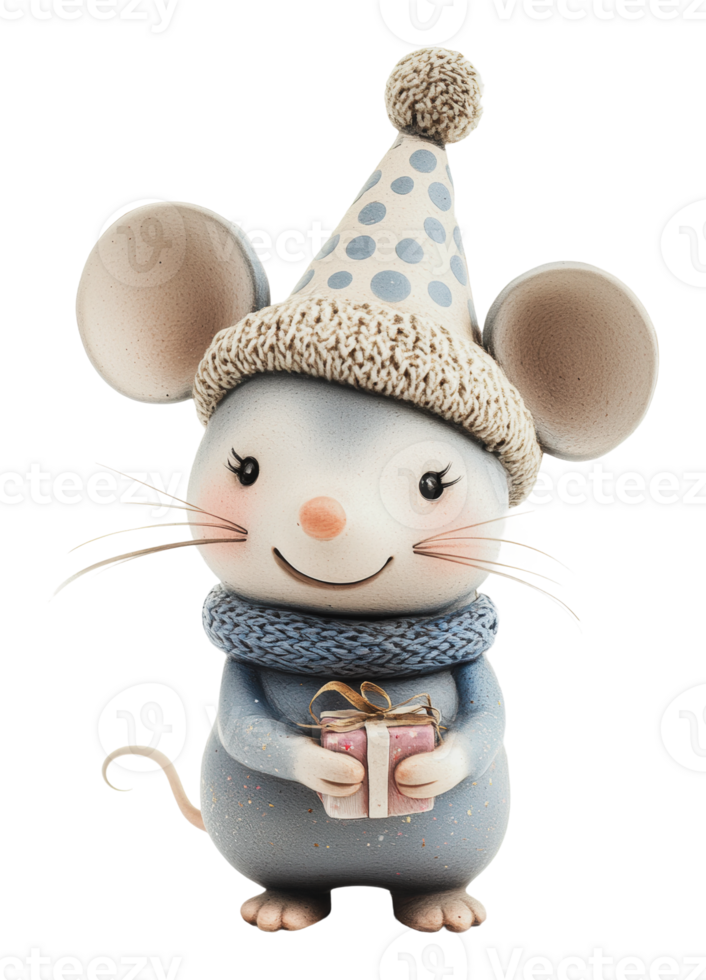 Cheerful mouse in a festive hat holding a gift png
