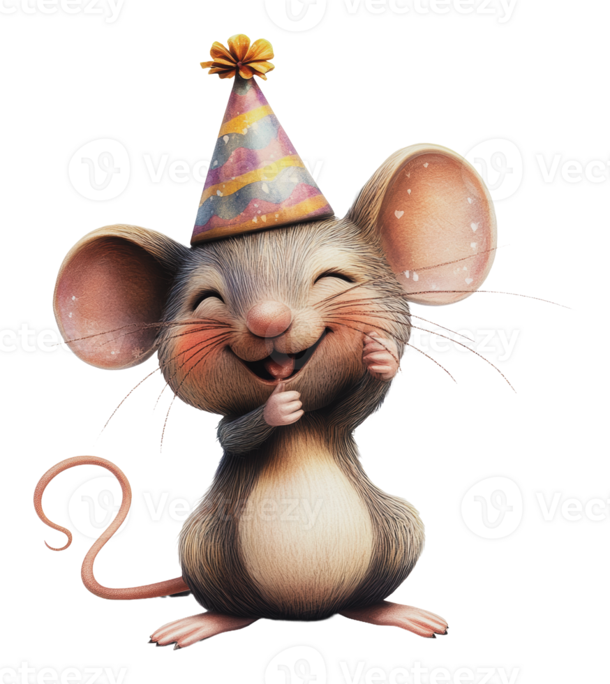 Happy cartoon mouse celebrating with a party hat png