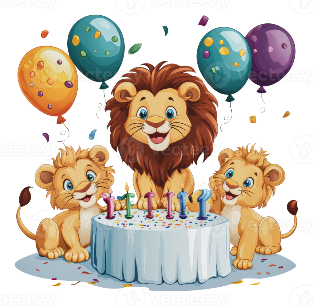 Friendly lions celebrate a birthday with balloons png