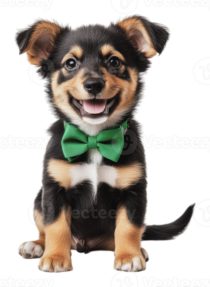 Puppy in a green bow tie on white png