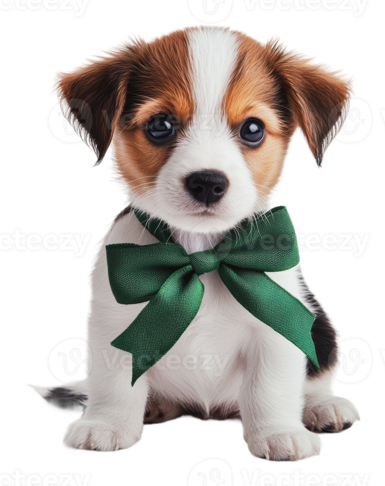 Adorable puppy with a green bow sitting calmly png