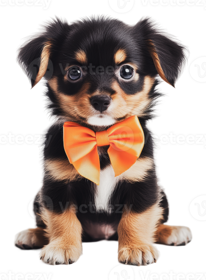 Cute puppy wearing an orange bow tie sits calmly png