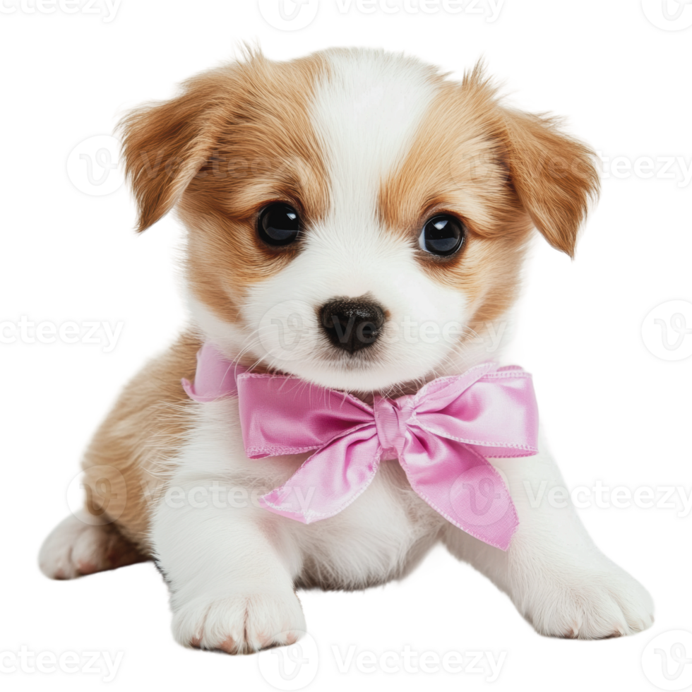 Cute puppy with pink bow at home setting png