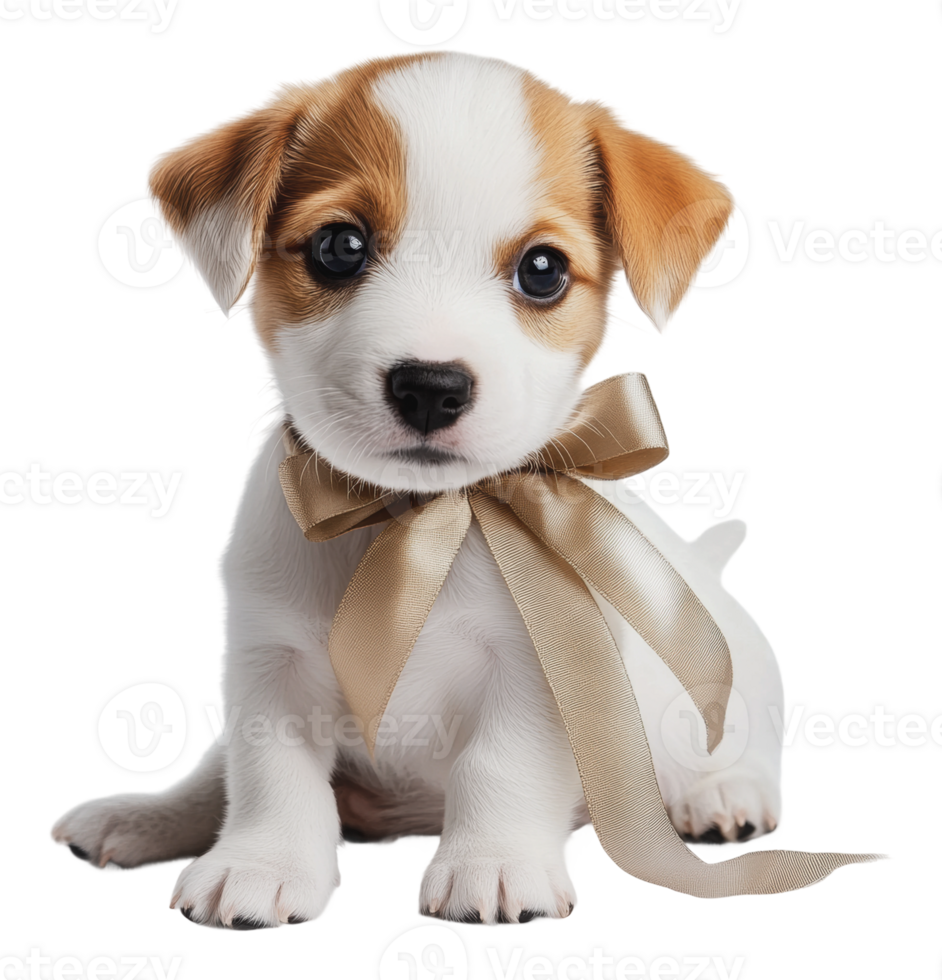 Cute puppy with a ribbon looking at the camera png