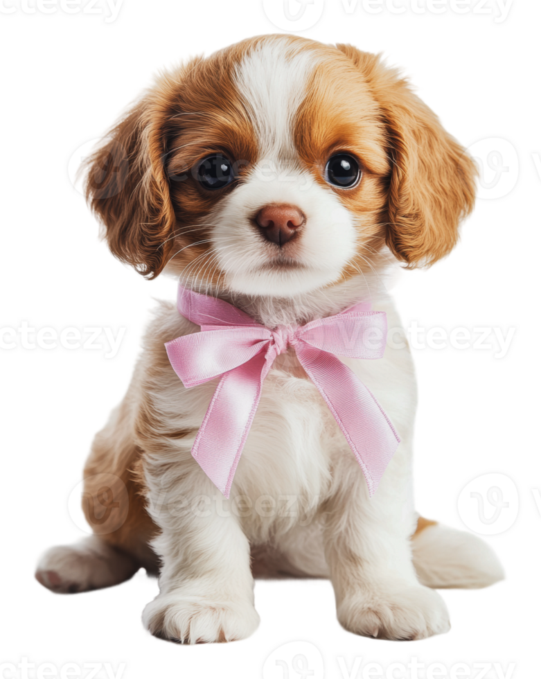 Cute brown and white puppy with a pink bow sitting png