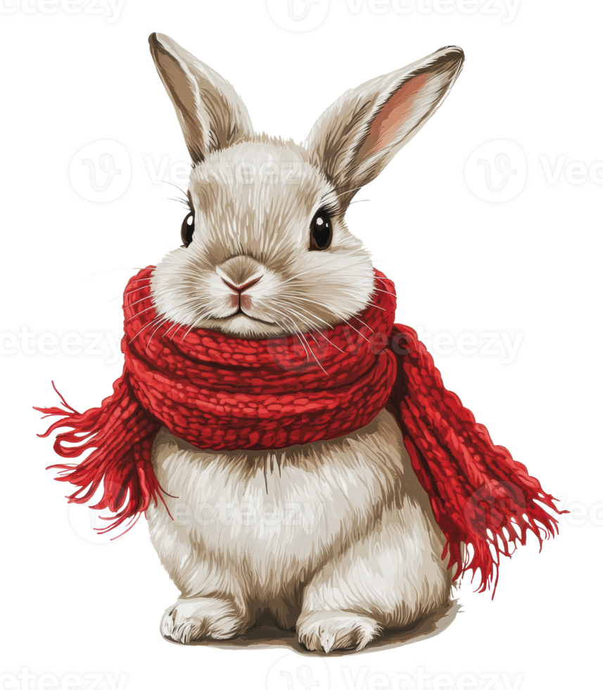 Cute rabbit wearing a bright red scarf in winter png