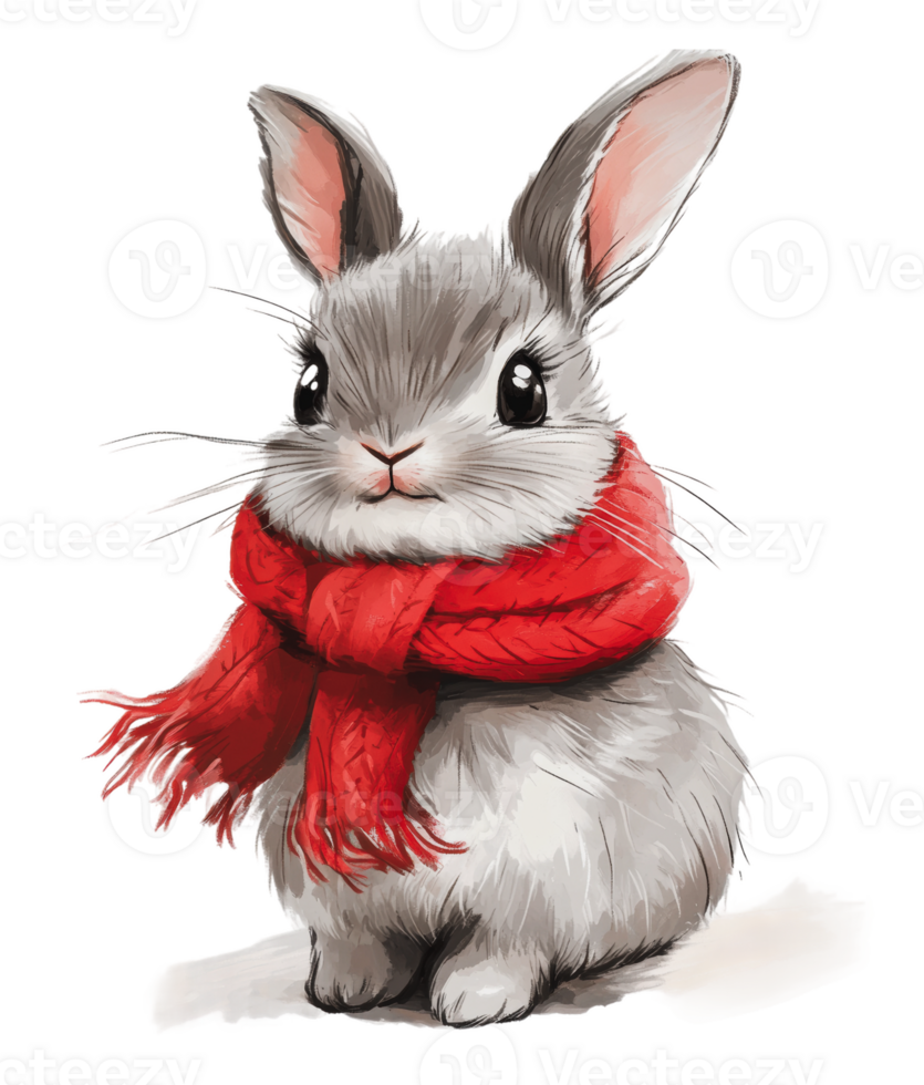 Cute gray rabbit wearing a red scarf in a portrait png
