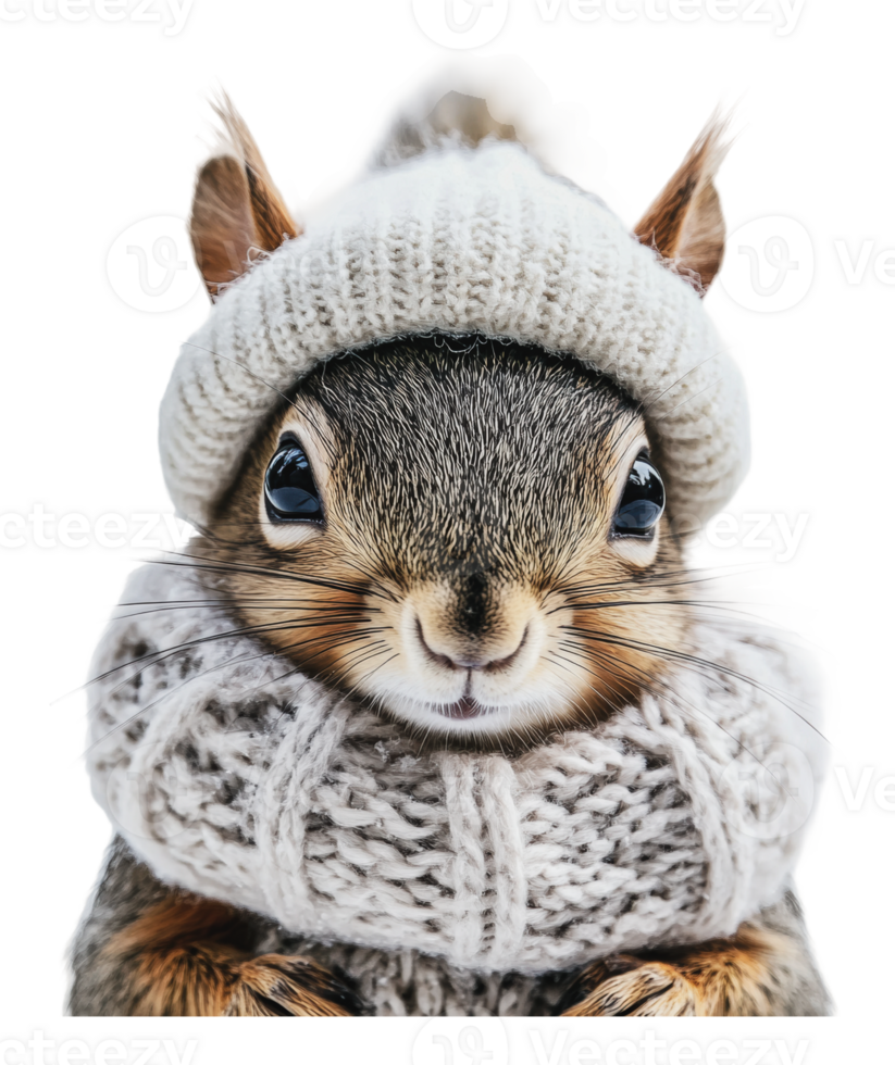 Cute squirrel wearing a scarf and hat in winter png