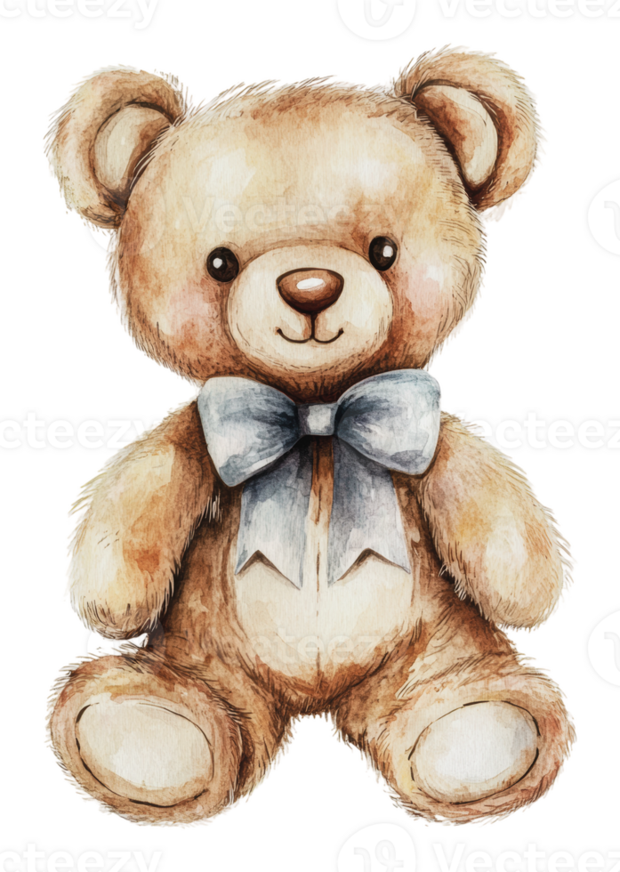 Cute teddy bear with a blue bow tie sitting still png