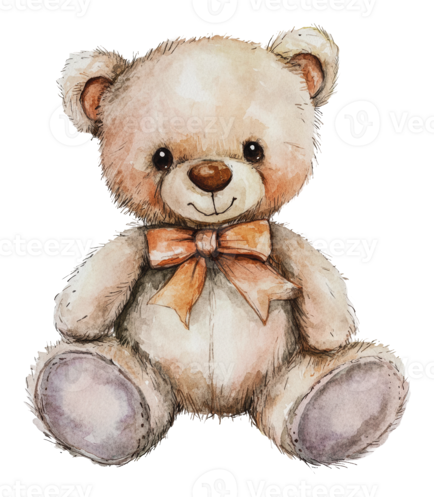 Cute teddy bear sitting with a bow in its neck png