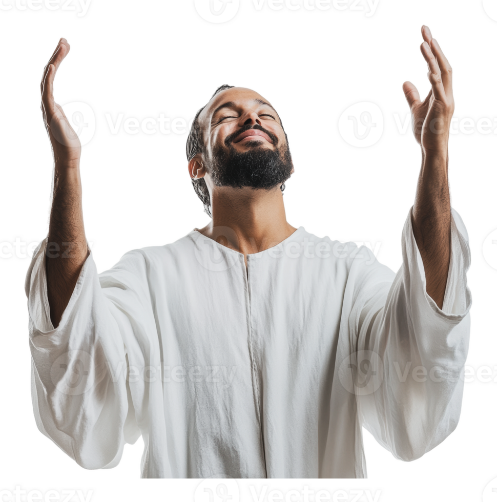 Man in white robe expressing joy and gratitude png