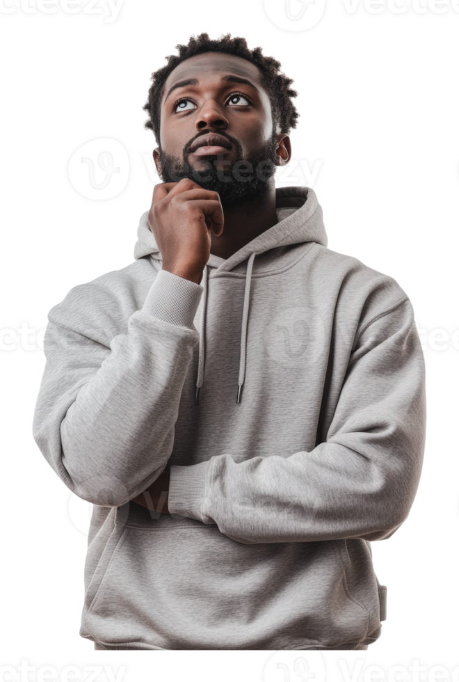 Pensive man in a gray hoodie png