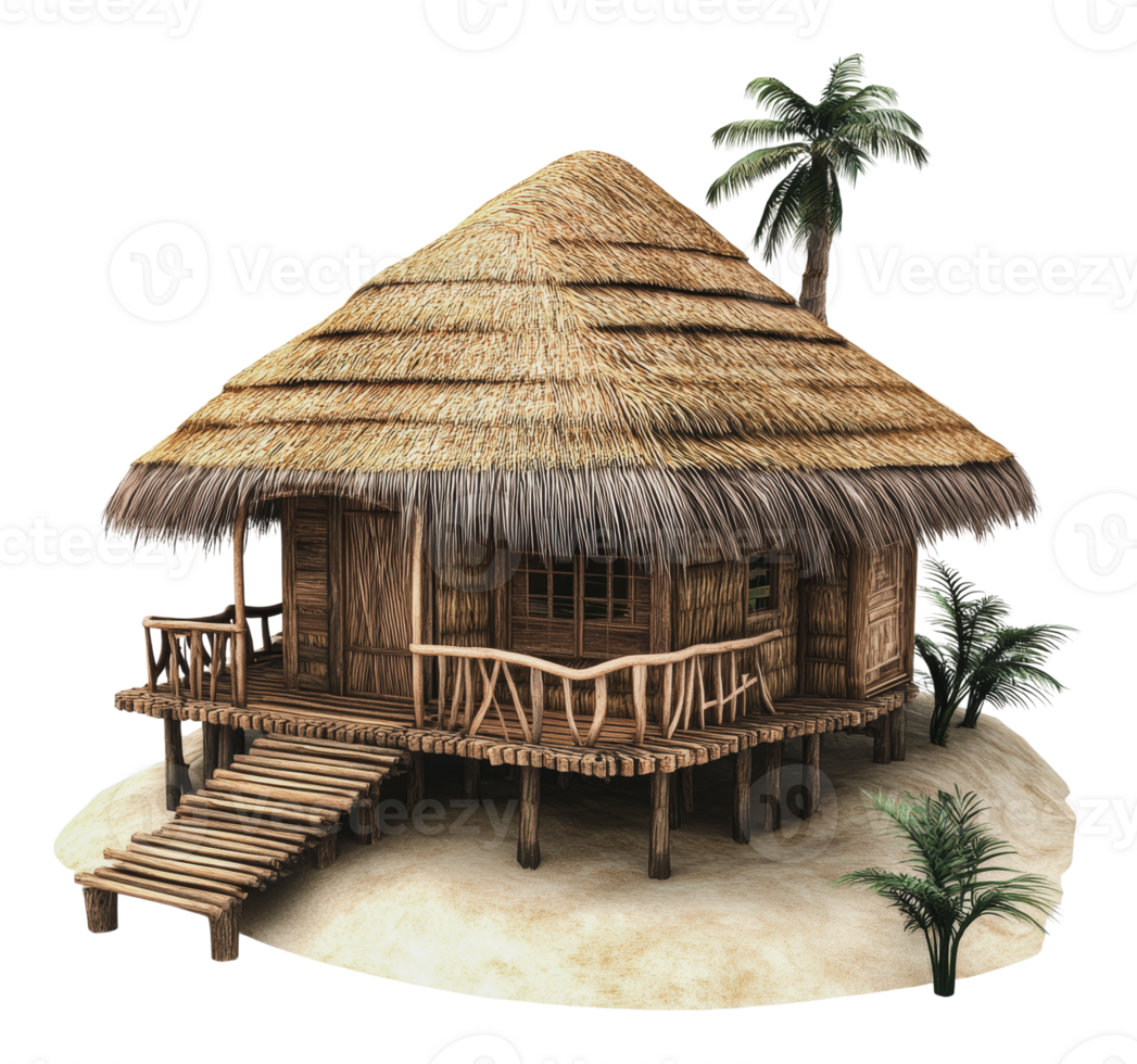 Thatched bungalow in a tropical setting png