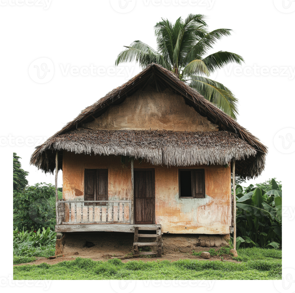 Thatched-roof rural house with palm tree png