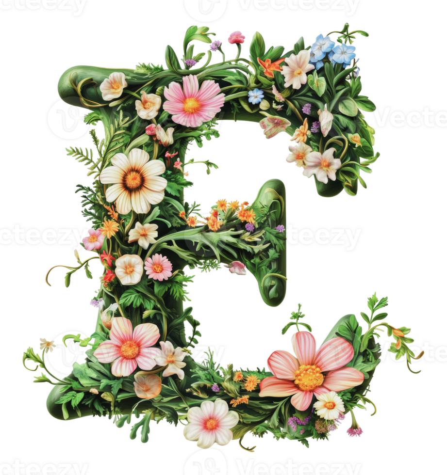 Floral E made of bright blooms and leaves png