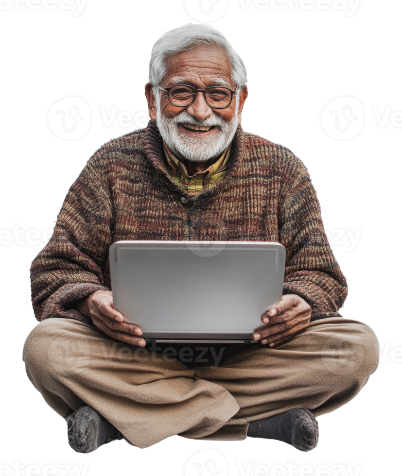 Elderly man smiling while using a laptop at home png