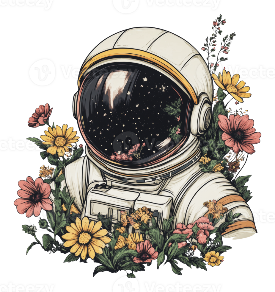 An astronaut helmet surrounded by vibrant flowers png