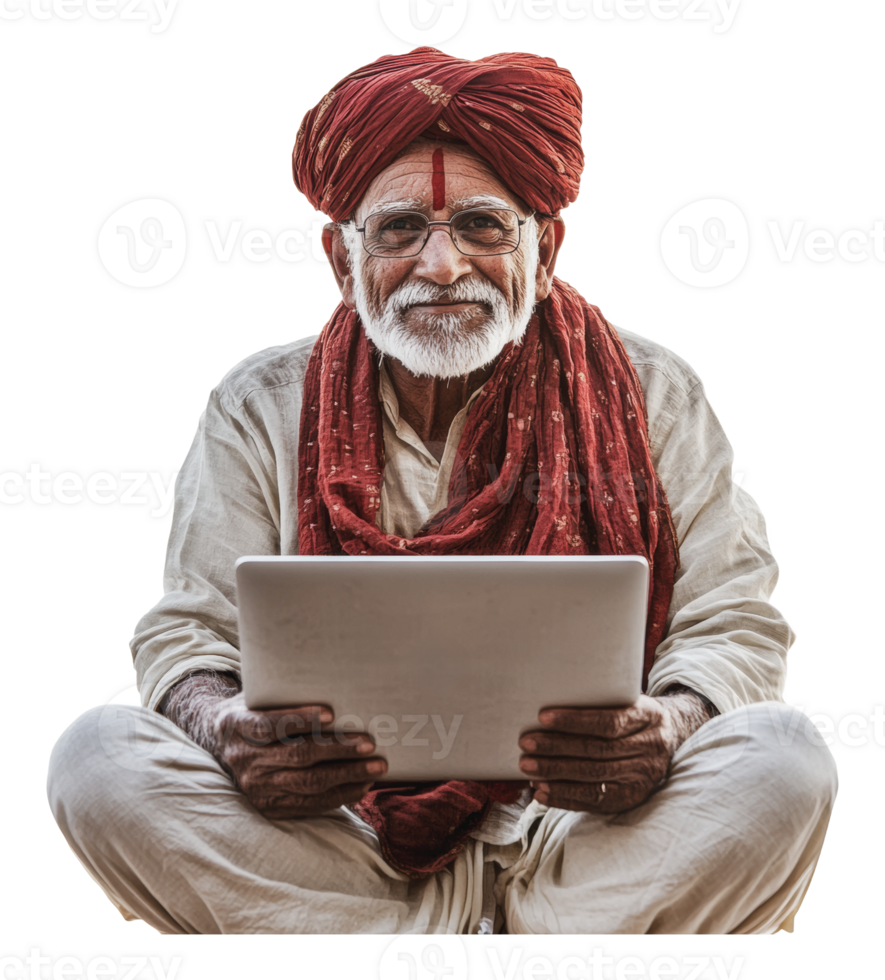 Elderly man in traditional dress with laptop png