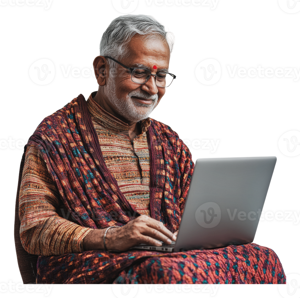 Senior man engaged in online activities at home png