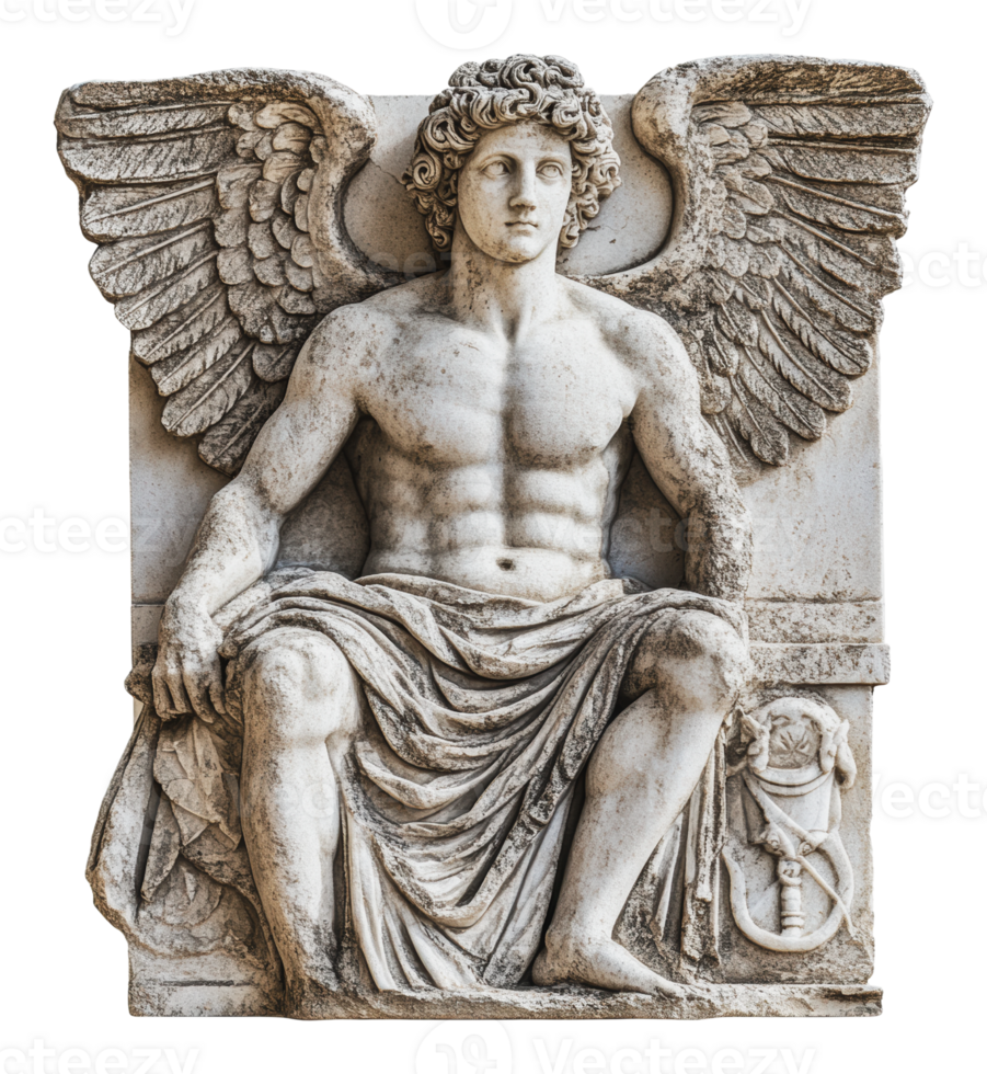 Winged figure seated in ancient sculpture png