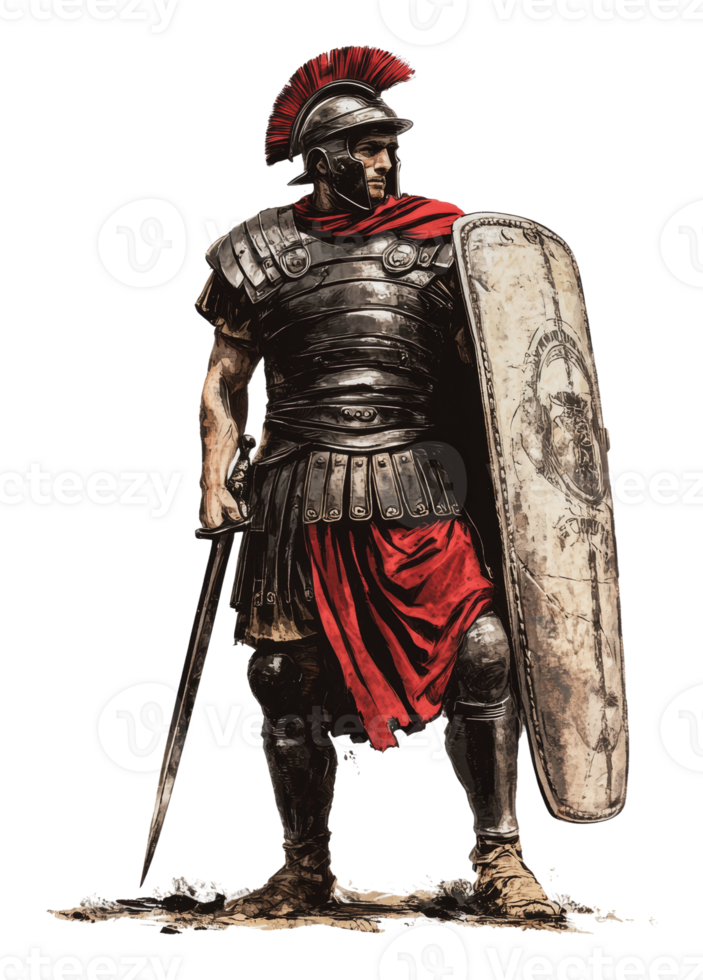 Armored Roman soldier with sword and shield png