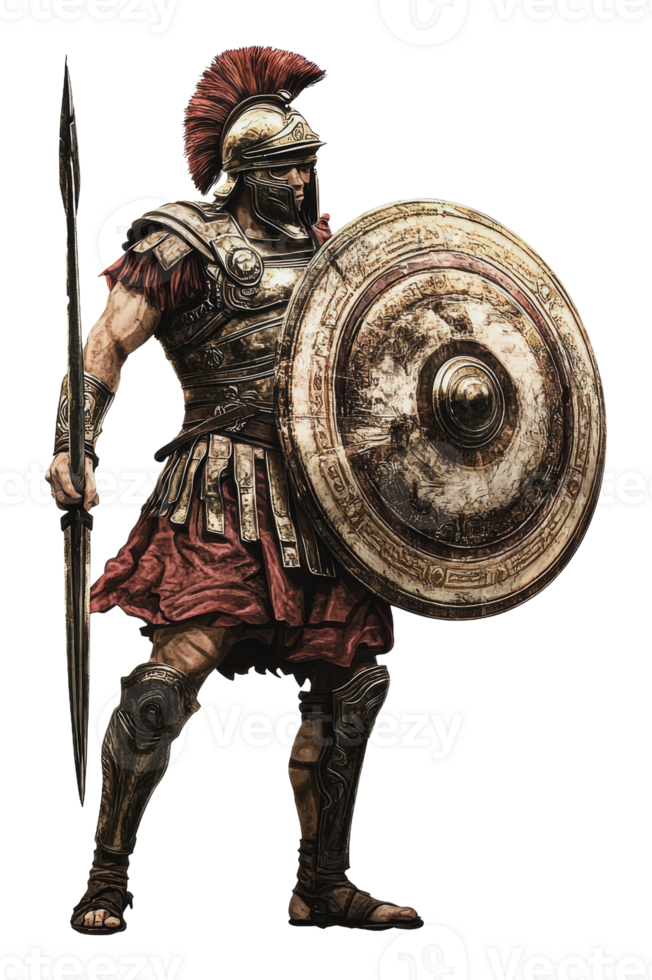 Ancient warrior in full armor poses with shield png