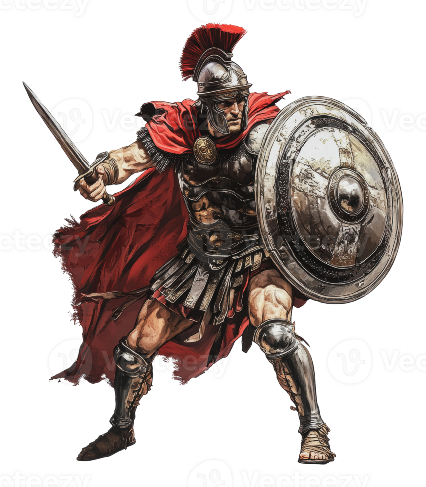 Roman warrior in battle gear with sword and shield png