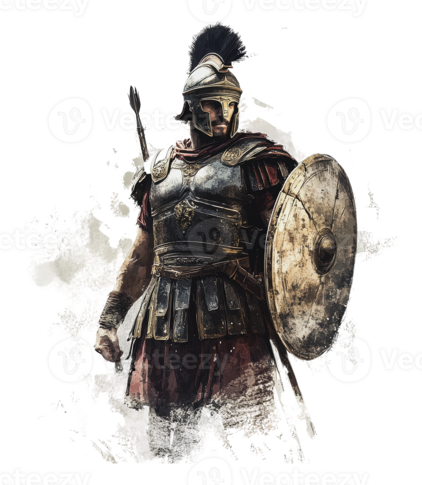 Ancient warrior stands ready for battle at dusk png