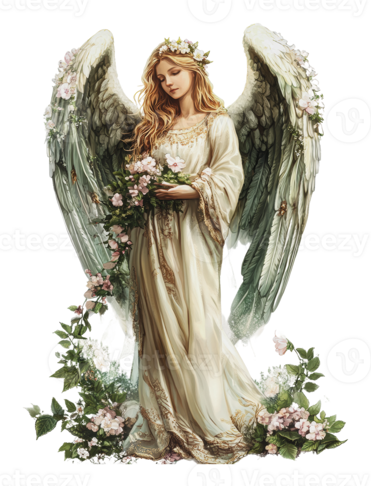 Majestic angel with flowers in a serene setting png